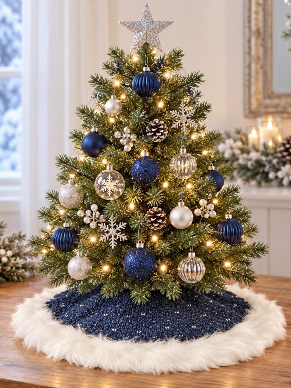 Winter Wonderland 24" Mini Tree Skirt Chenille Navy Button Closure Faux Fur Trim